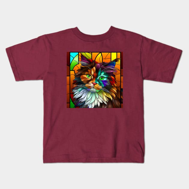 Multi-Colored Stained Glass Cat Kids T-Shirt by Star Scrunch